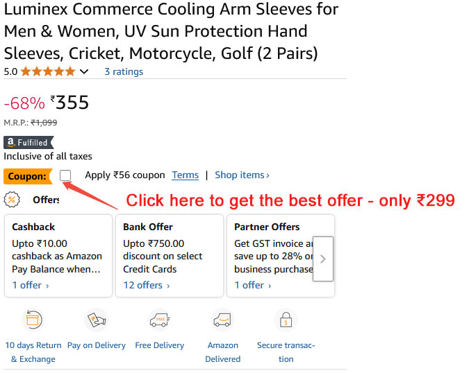 Luminex Commerce Cooling Arm Sleeves for Men & Women, UV Sun Protection Hand Sleeves, Cricket, Motorcycle, Golf (2 Pairs)